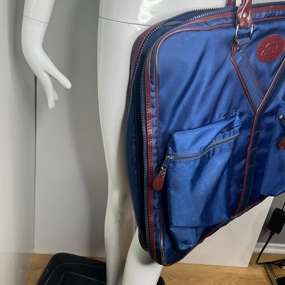 YSL Yves Saint Laurent 1970’s Blue Nylon Logo Folding Zip Around Garment Bag